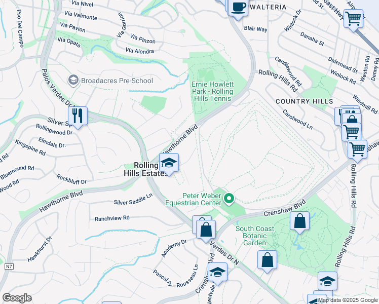 map of restaurants, bars, coffee shops, grocery stores, and more near 37 Moccasin Lane in Rolling Hills Estates
