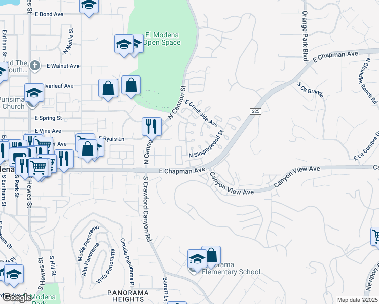 map of restaurants, bars, coffee shops, grocery stores, and more near 152 North Singingwood Street in Orange