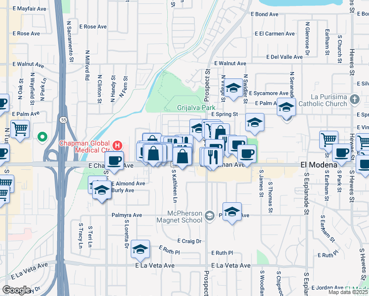 map of restaurants, bars, coffee shops, grocery stores, and more near 167 North 1st Street in Orange