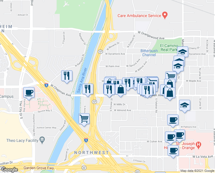 map of restaurants, bars, coffee shops, grocery stores, and more near 164 North Flower Street in Orange