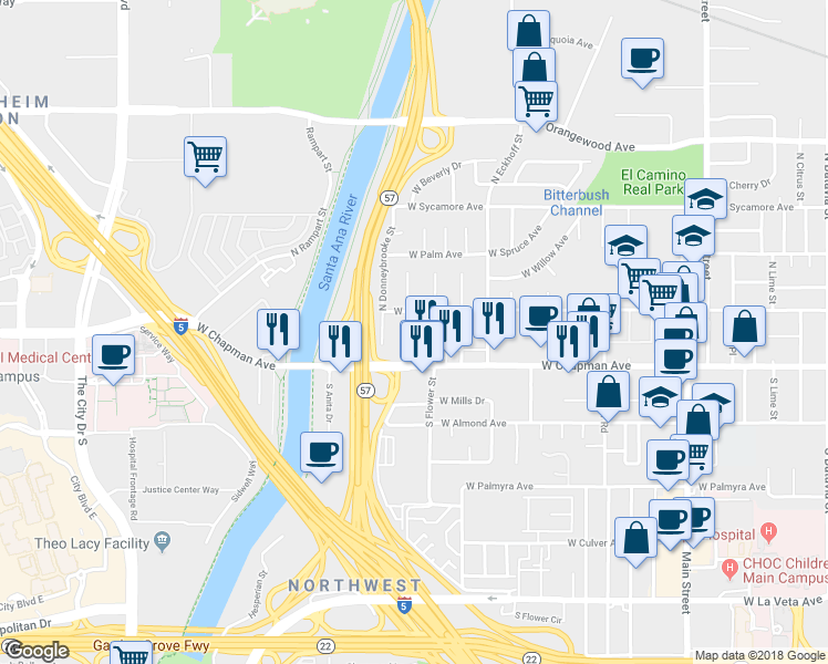 map of restaurants, bars, coffee shops, grocery stores, and more near 164 North Flower Street in Orange