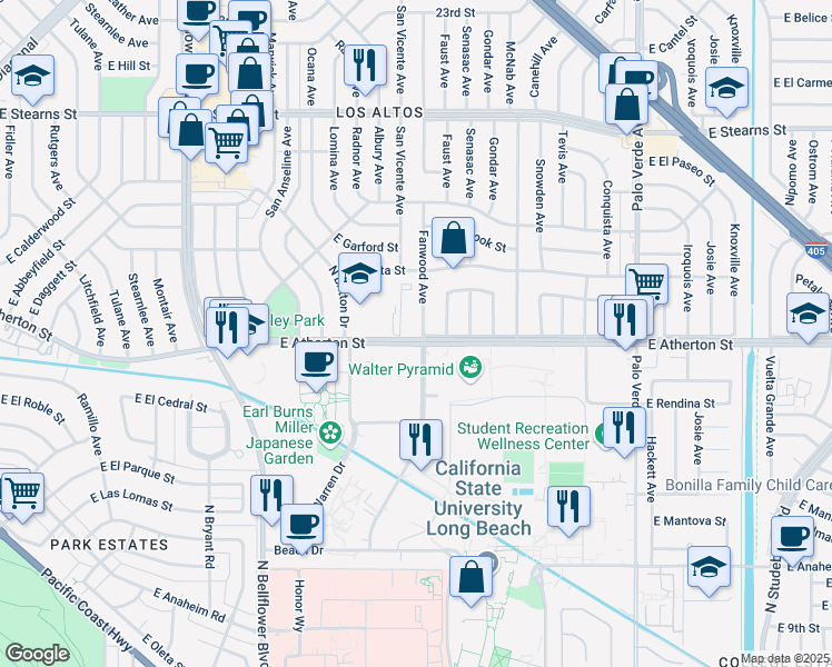 map of restaurants, bars, coffee shops, grocery stores, and more near 1800 Fanwood Avenue in Long Beach