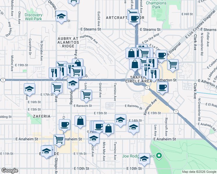 map of restaurants, bars, coffee shops, grocery stores, and more near 1744 Grand Avenue in Long Beach