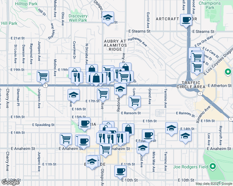 map of restaurants, bars, coffee shops, grocery stores, and more near 1754 Redondo Avenue in Long Beach
