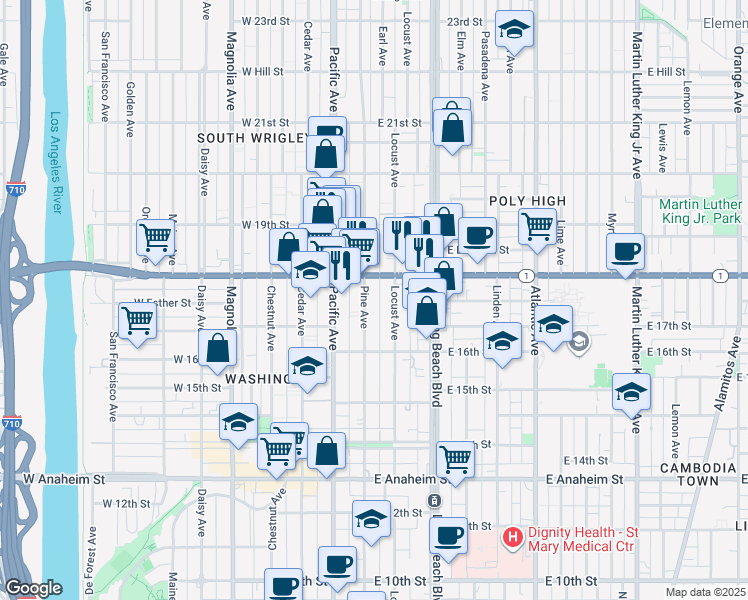 map of restaurants, bars, coffee shops, grocery stores, and more near 1753 Pine Avenue in Long Beach