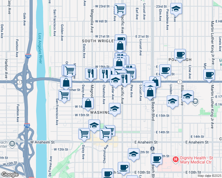 map of restaurants, bars, coffee shops, grocery stores, and more near 1749 Cedar Avenue in Long Beach