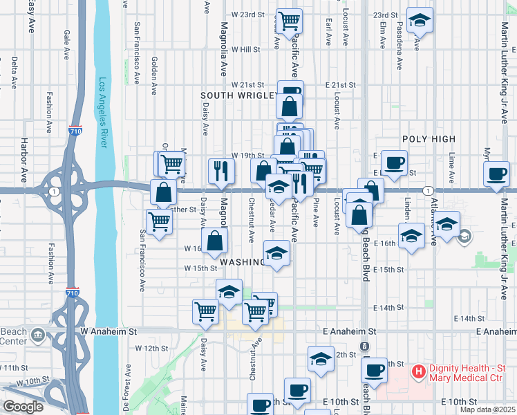 map of restaurants, bars, coffee shops, grocery stores, and more near 1749 Cedar Avenue in Long Beach
