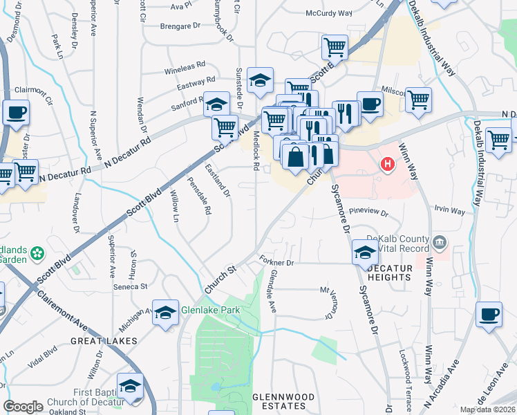 map of restaurants, bars, coffee shops, grocery stores, and more near 463 Medlock Road in Decatur