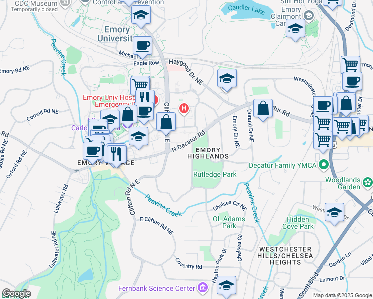 map of restaurants, bars, coffee shops, grocery stores, and more near 1743 North Decatur Road in Atlanta