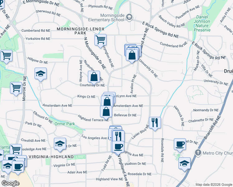 map of restaurants, bars, coffee shops, grocery stores, and more near 1010 McLynn Avenue Northeast in Atlanta