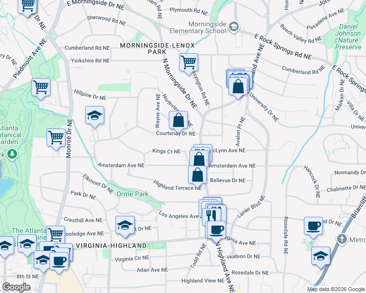 map of restaurants, bars, coffee shops, grocery stores, and more near 916 Kings Court Northeast in Atlanta