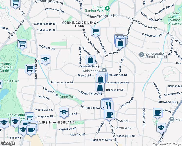 map of restaurants, bars, coffee shops, grocery stores, and more near 904 Kings Court Northeast in Atlanta
