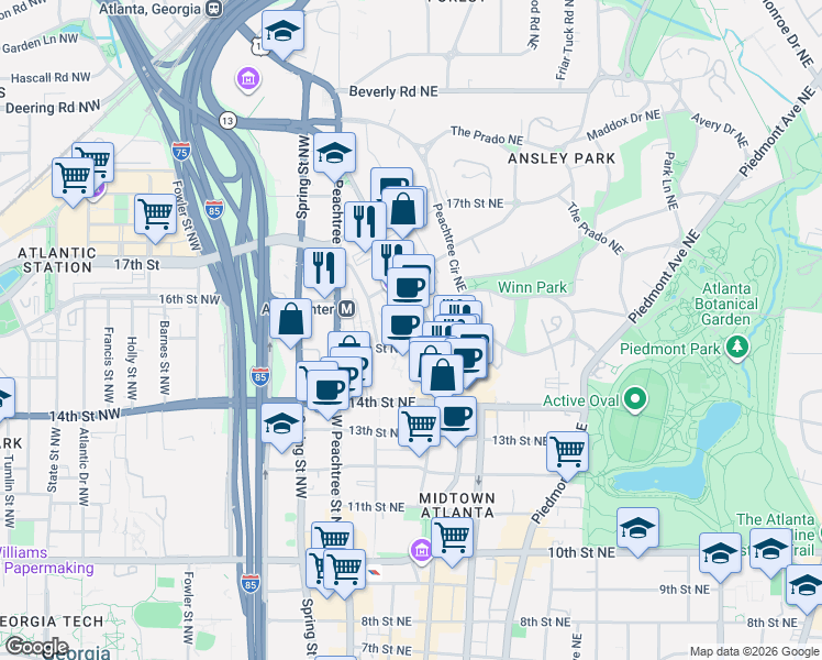 map of restaurants, bars, coffee shops, grocery stores, and more near 1280 Peachtree Street Northeast in Atlanta