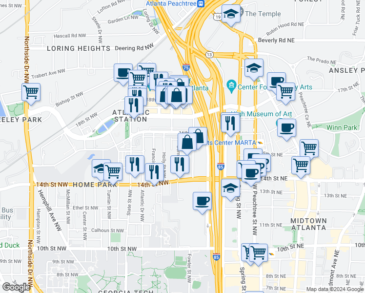 map of restaurants, bars, coffee shops, grocery stores, and more near 221 15th Street Northwest in Atlanta