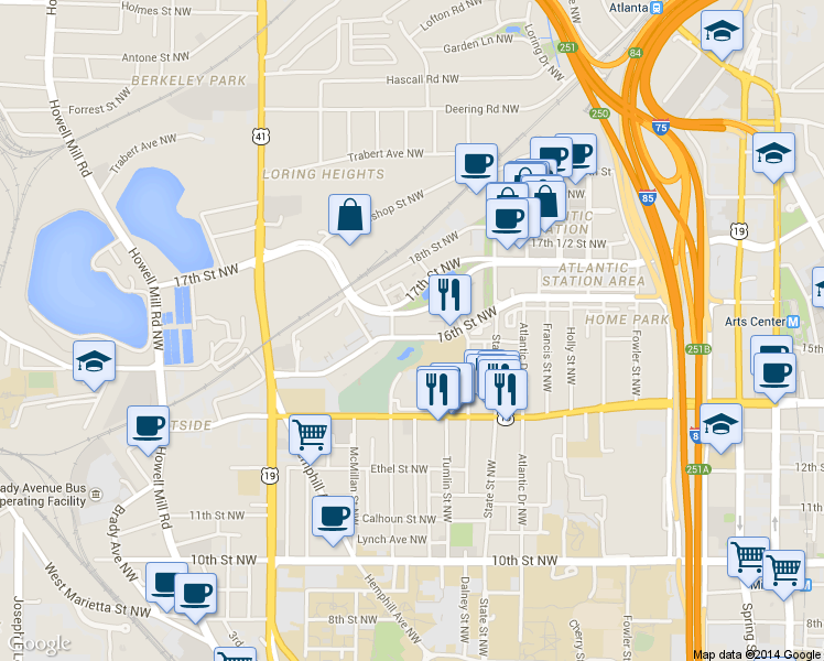 map of restaurants, bars, coffee shops, grocery stores, and more near 401 16th Street Northwest in Atlanta