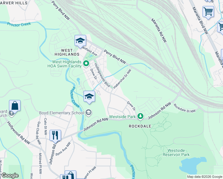 map of restaurants, bars, coffee shops, grocery stores, and more near 1623 Abbot Lane in Atlanta