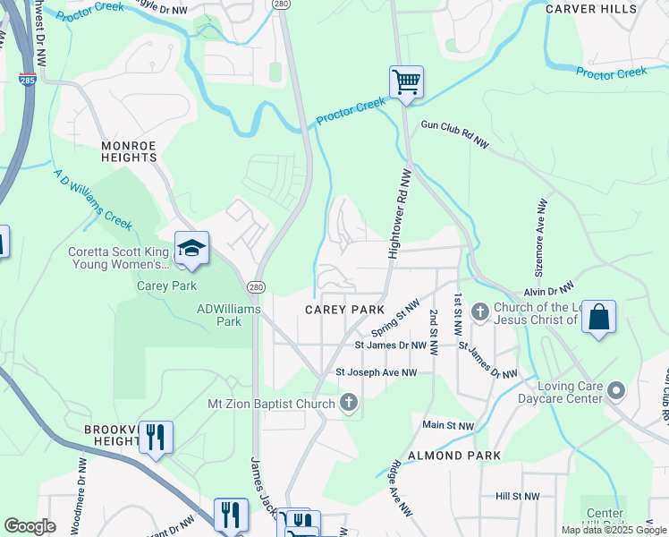 map of restaurants, bars, coffee shops, grocery stores, and more near 2591 Etheridge Drive Northwest in Atlanta