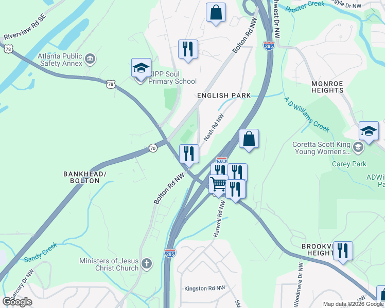 map of restaurants, bars, coffee shops, grocery stores, and more near 1261 Bolton Road Northwest in Atlanta