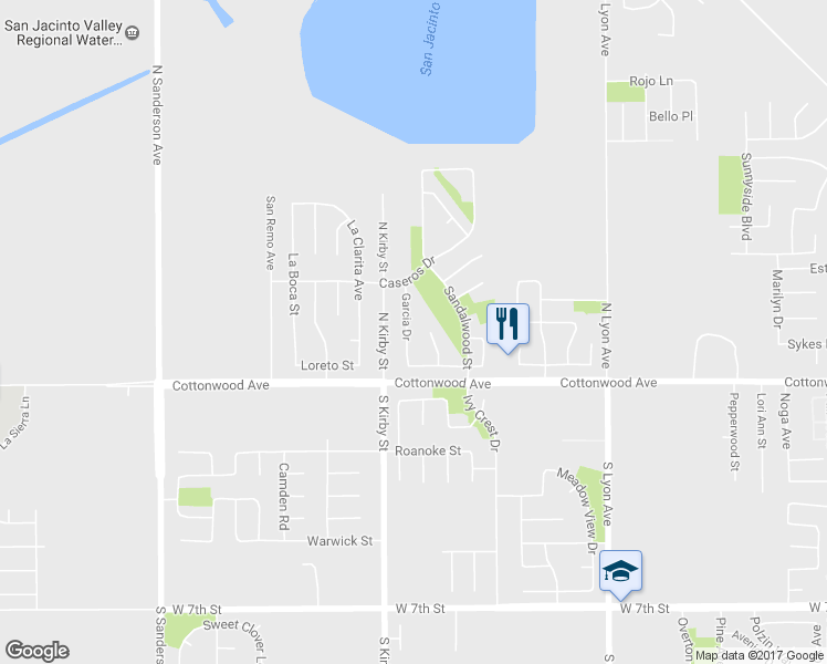 map of restaurants, bars, coffee shops, grocery stores, and more near 195 Garcia Drive in San Jacinto
