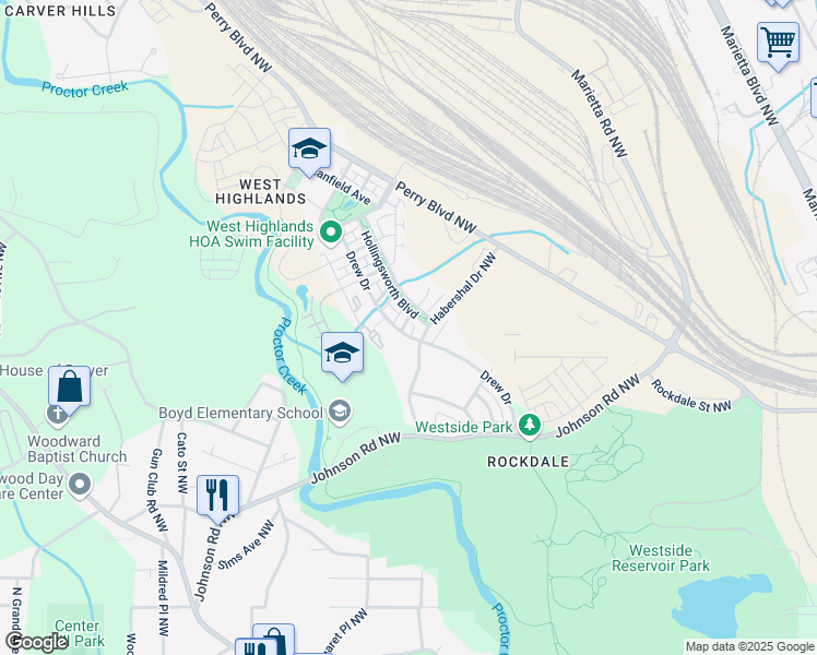 map of restaurants, bars, coffee shops, grocery stores, and more near 1623 Abbot Lane in Atlanta