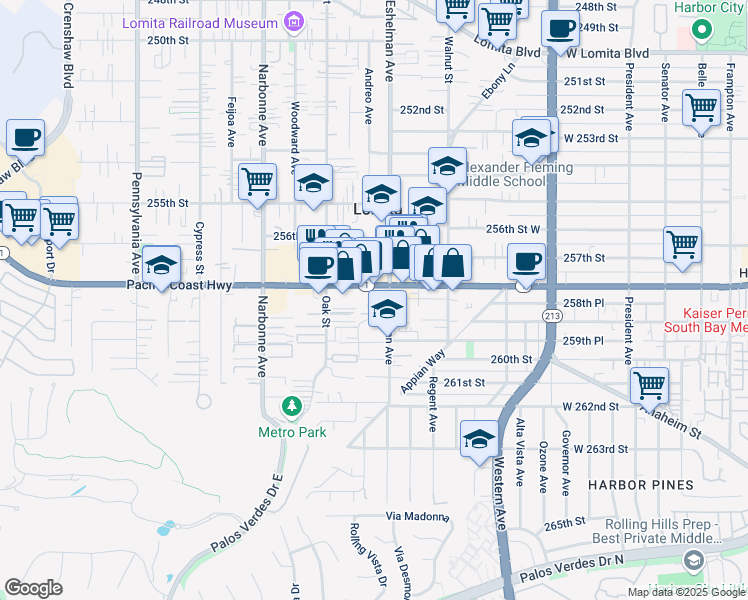 map of restaurants, bars, coffee shops, grocery stores, and more near 2018 Pacific Coast Highway in Lomita