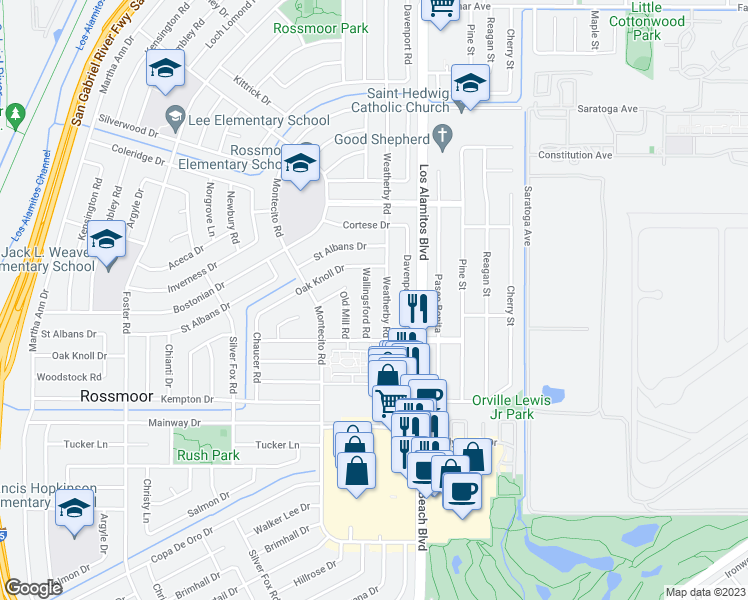 map of restaurants, bars, coffee shops, grocery stores, and more near 11962 Wallingsford Road in Los Alamitos
