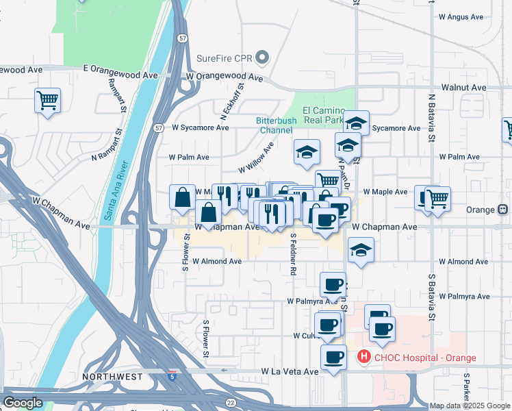 map of restaurants, bars, coffee shops, grocery stores, and more near 148 North Holly Street in Orange