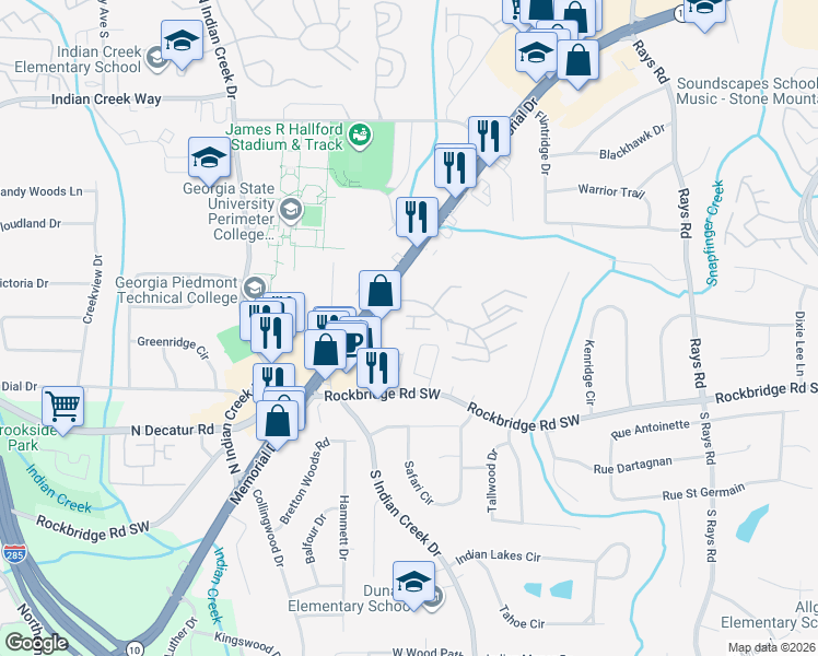map of restaurants, bars, coffee shops, grocery stores, and more near 250 Spring Chase Circle in Stone Mountain