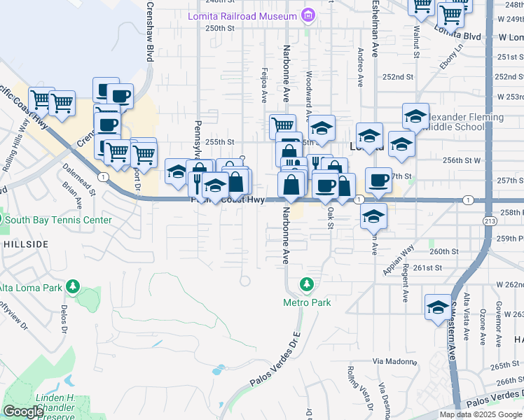 map of restaurants, bars, coffee shops, grocery stores, and more near 2244 California 1 in Lomita
