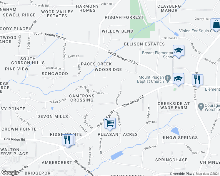 map of restaurants, bars, coffee shops, grocery stores, and more near 6507 Revena Court in Austell