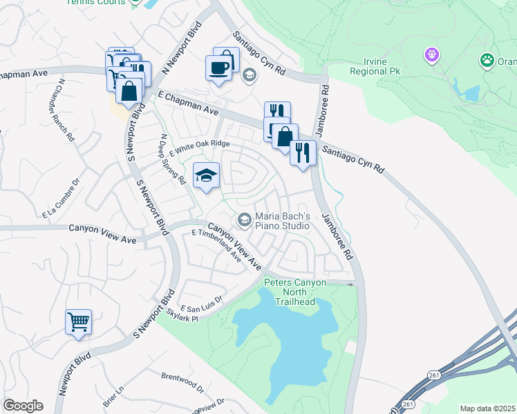 map of restaurants, bars, coffee shops, grocery stores, and more near 8243 East Ironwood Avenue in Orange