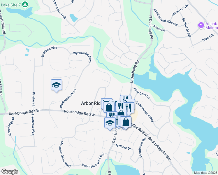 map of restaurants, bars, coffee shops, grocery stores, and more near 490 Arbor Ridge Drive in Stone Mountain