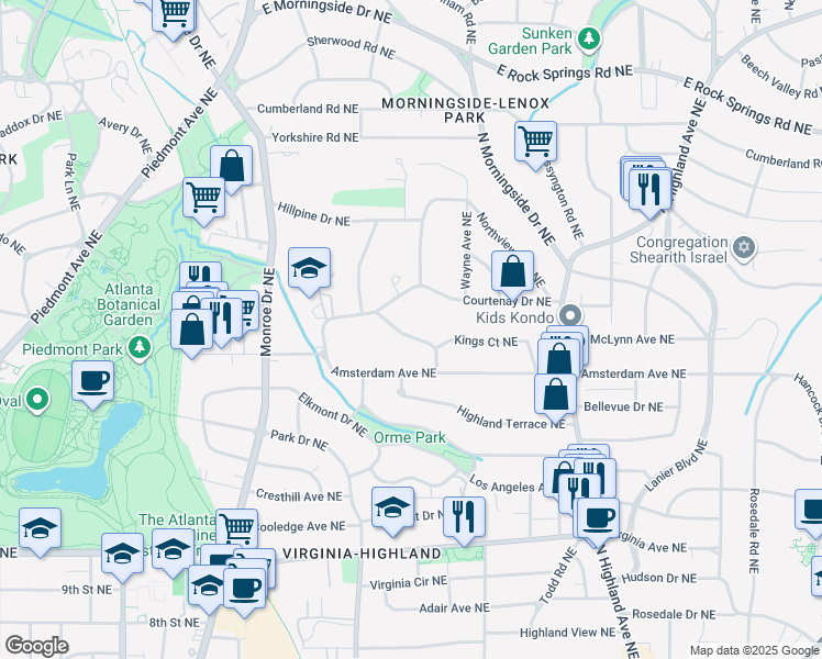 map of restaurants, bars, coffee shops, grocery stores, and more near 776 San Antonio Drive Northeast in Atlanta