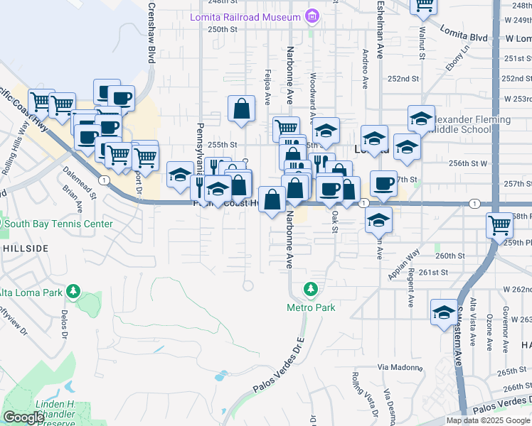 map of restaurants, bars, coffee shops, grocery stores, and more near 2244 California 1 in Lomita