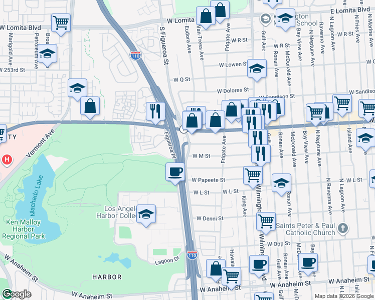 map of restaurants, bars, coffee shops, grocery stores, and more near 1396 South Figueroa Street in Los Angeles