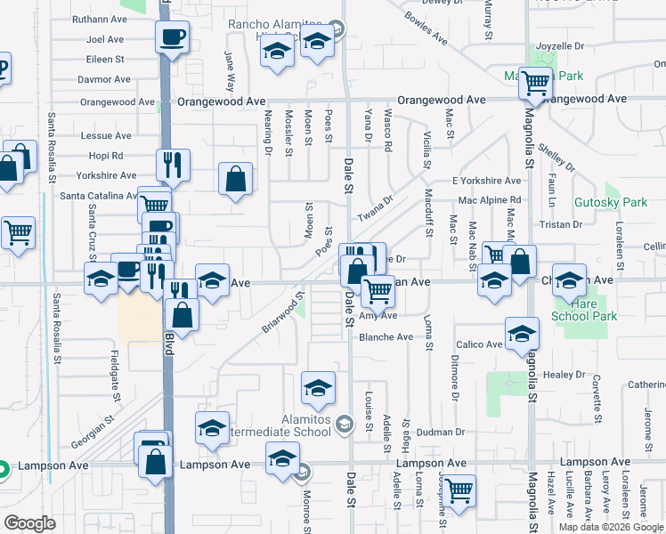 map of restaurants, bars, coffee shops, grocery stores, and more near 8395 Linmar Meadows in Garden Grove