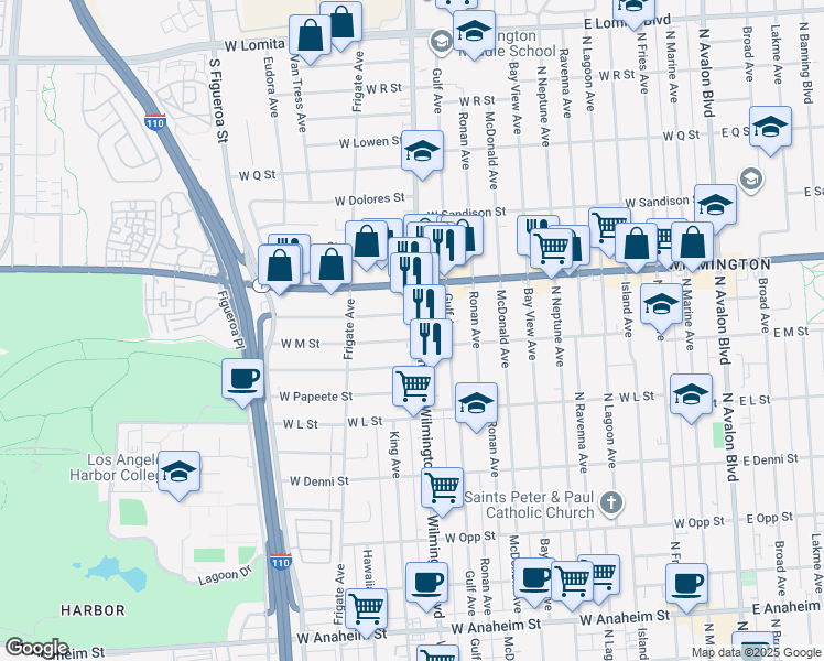 map of restaurants, bars, coffee shops, grocery stores, and more near 1311 Wilmington Boulevard in Los Angeles