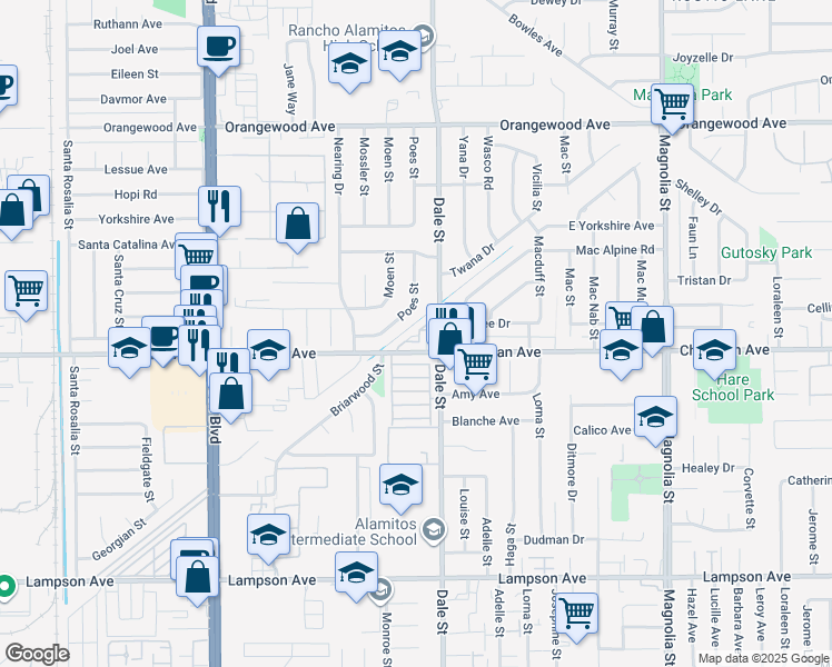 map of restaurants, bars, coffee shops, grocery stores, and more near 8453 Linmar Meadows in Garden Grove