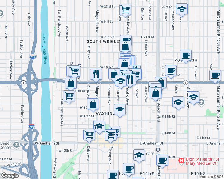 map of restaurants, bars, coffee shops, grocery stores, and more near 1750 Chestnut Avenue in Long Beach