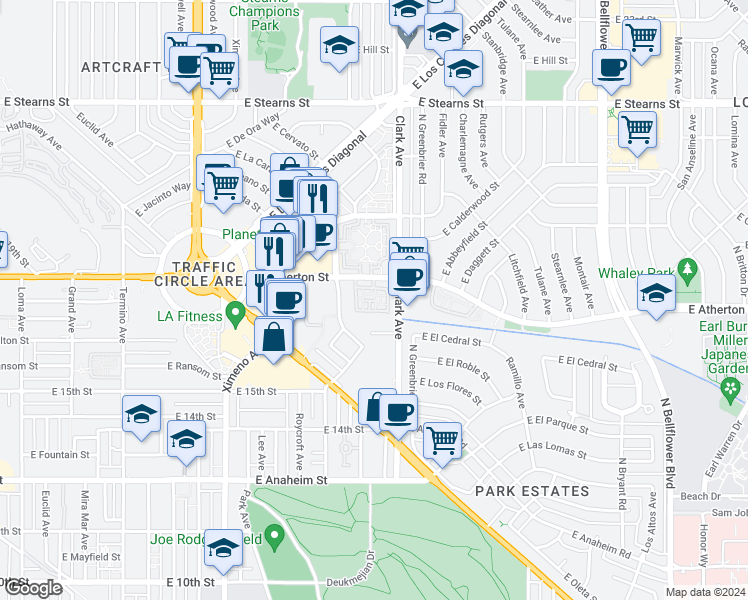 map of restaurants, bars, coffee shops, grocery stores, and more near 5052 East Atherton Street in Long Beach