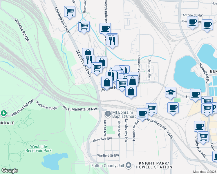 map of restaurants, bars, coffee shops, grocery stores, and more near 1133 Huff Road Northwest in Atlanta