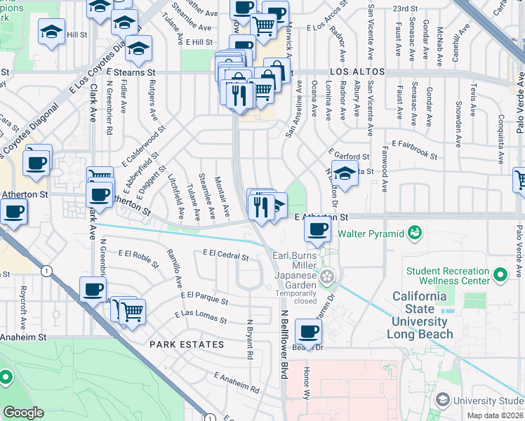 map of restaurants, bars, coffee shops, grocery stores, and more near 1809 Marber Avenue in Long Beach