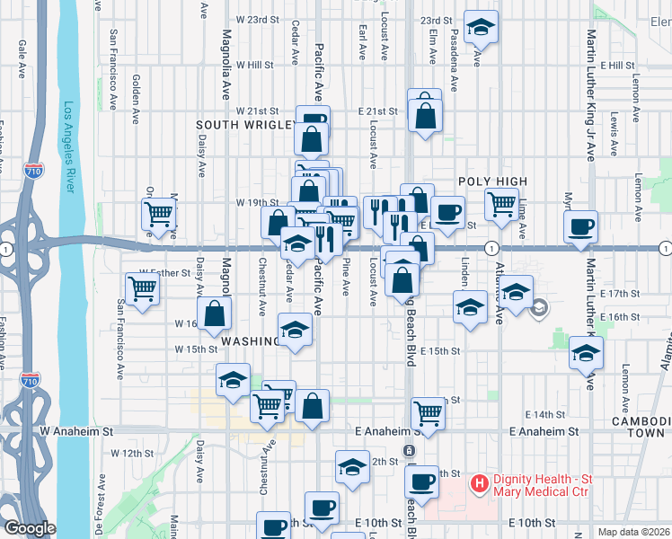 map of restaurants, bars, coffee shops, grocery stores, and more near 1755 Pine Avenue in Long Beach