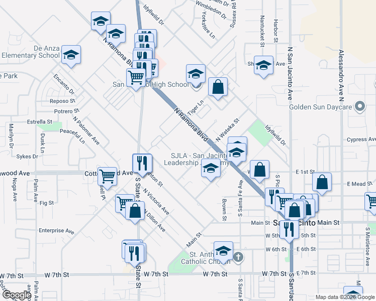 map of restaurants, bars, coffee shops, grocery stores, and more near 419 Angela Way in San Jacinto