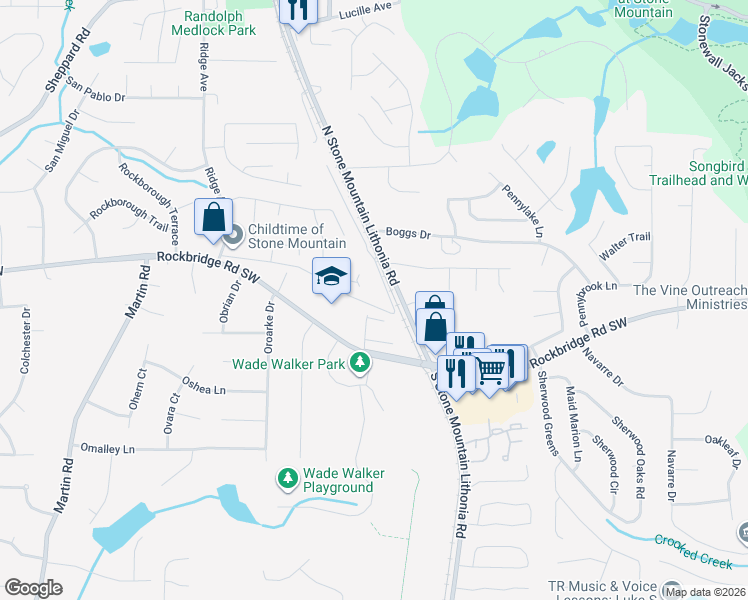 map of restaurants, bars, coffee shops, grocery stores, and more near 5476 Old Rockbridge Road in Stone Mountain
