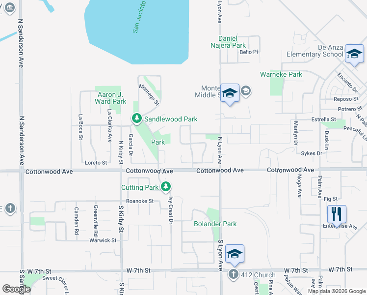 map of restaurants, bars, coffee shops, grocery stores, and more near 1662 Palomino Drive in San Jacinto