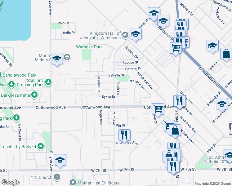 map of restaurants, bars, coffee shops, grocery stores, and more near 188 Dusk Lane in San Jacinto