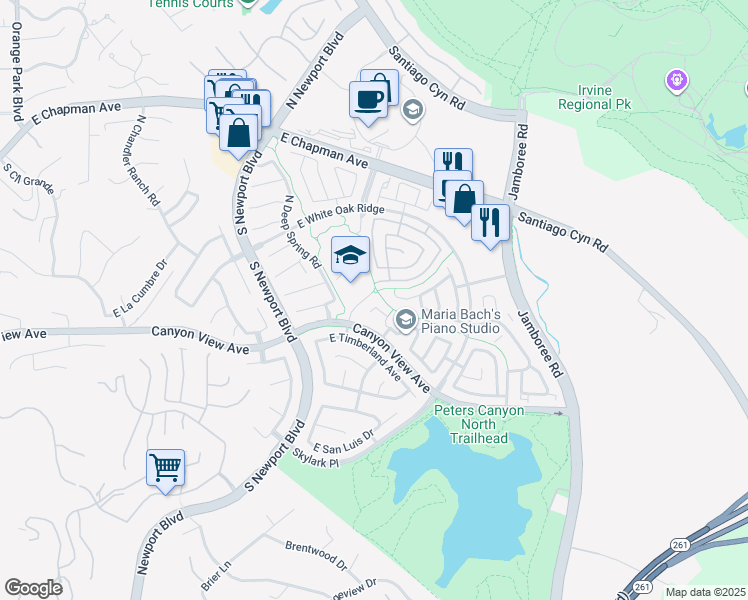 map of restaurants, bars, coffee shops, grocery stores, and more near 8049 East Woodwind Avenue in Orange
