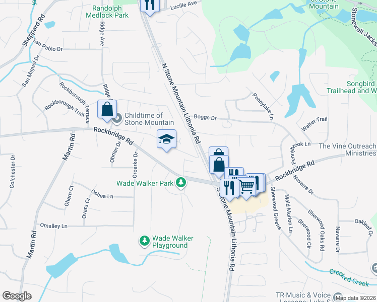 map of restaurants, bars, coffee shops, grocery stores, and more near 5476 Old Rockbridge Road in Stone Mountain