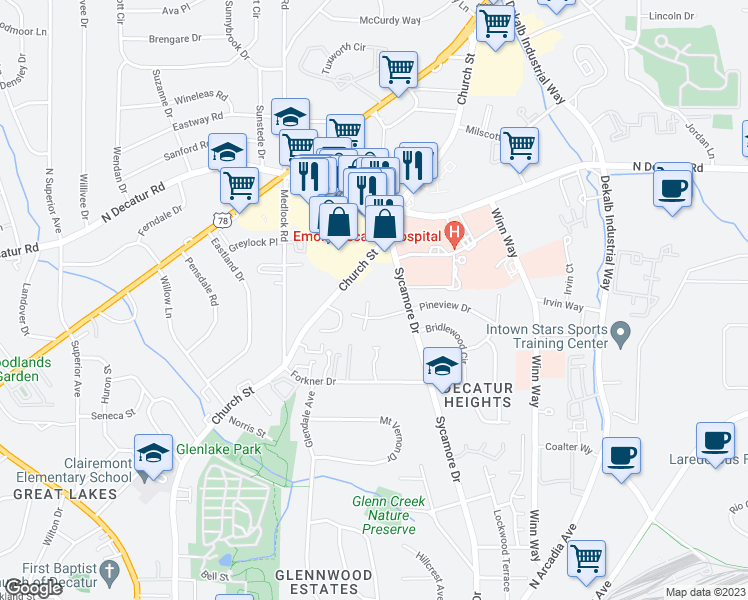 map of restaurants, bars, coffee shops, grocery stores, and more near 453 North Pineview Court in Decatur